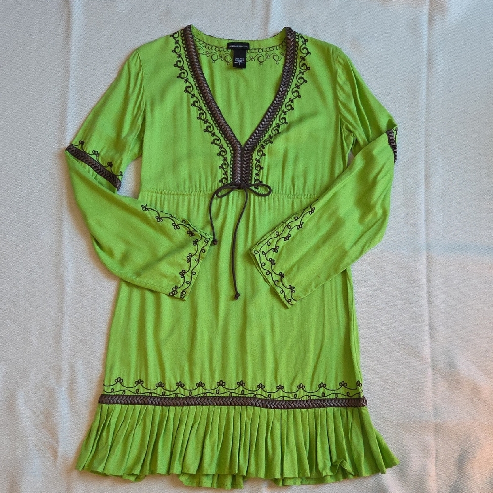 Moda International Green Embroidered Long Sleeve Dress Boho sz Small